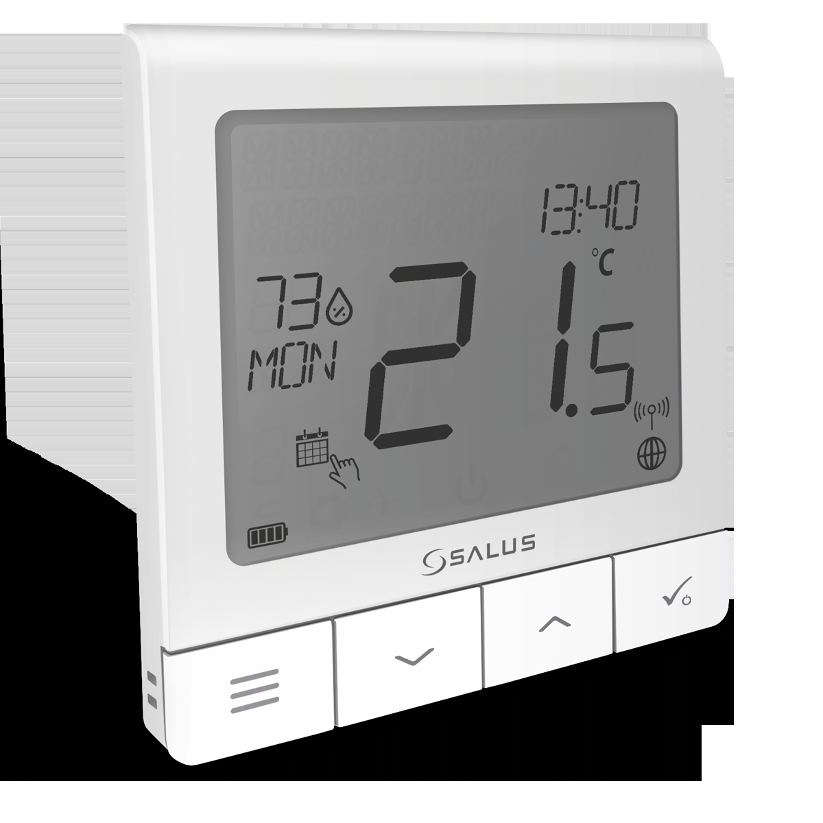 Affiche de thermostat électronique affichant une lecture 2.1°c et 73 Mon affichage avec icônes électricité, chaleur et