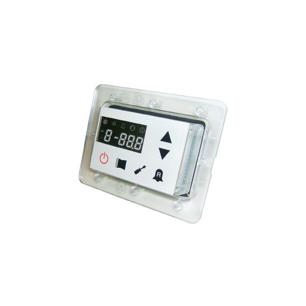 Afficheur numérique encastrable avec boutons de réglage et icônes, contrôleur pour système de chauffage, intégré dans un boîtier transparent.