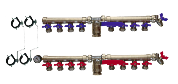 Réseau de distribution de chauffage avec deux collecteurs horizontaux, robinets rouges et bleus, purges et sondes, montés sur tuyaux en cuivre.