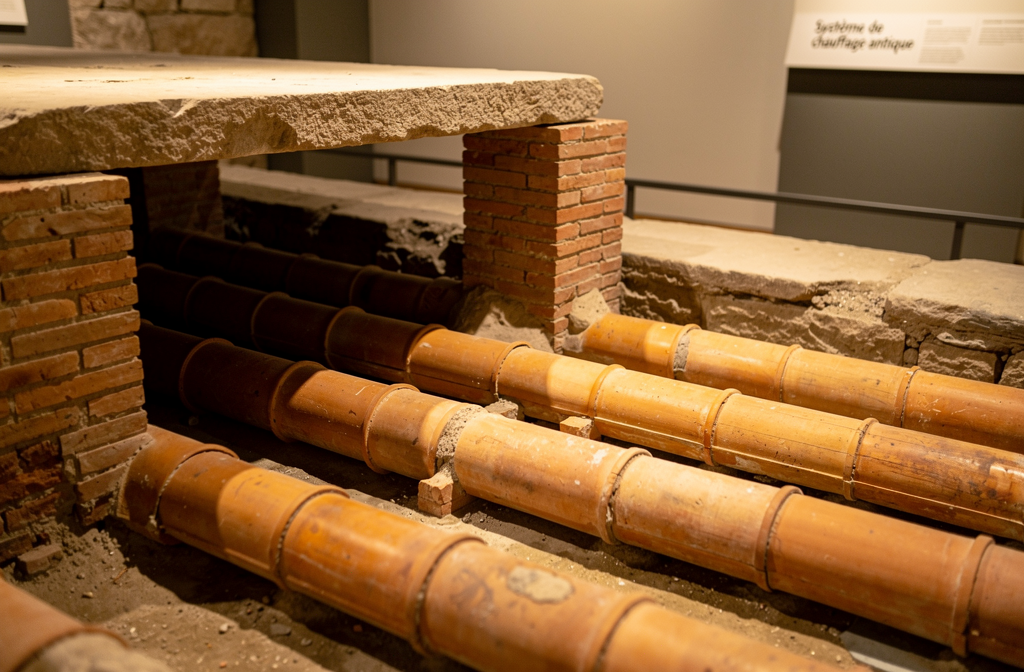 Système de chauffage romain antique: rangées de tuyaux en terre cuite sous une plateforme, éclairage musée.