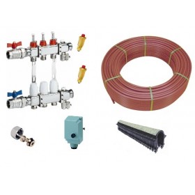 Ensemble de composants pour plancher chauffant hydraulique: robinets et collecteur, résistance et raccords, conduite IRR rouge roulée et manchon d’expansion, câble de raccordement et support d’installation.