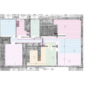 Plan d’installation d’un plancher chauffant hydraulique montrant les circuits de boucles colorés et les zones de répartition dans une pièce.