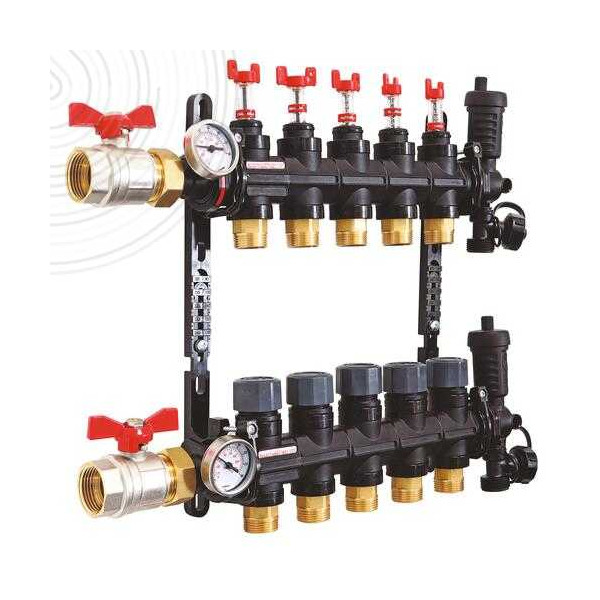 Collecteur plancher chauffant polymère de 2 à 12 voies, réglage débit précis