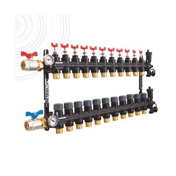Collecteur plancher chauffant polymère de 2 à 12 voies, réglage débit précis