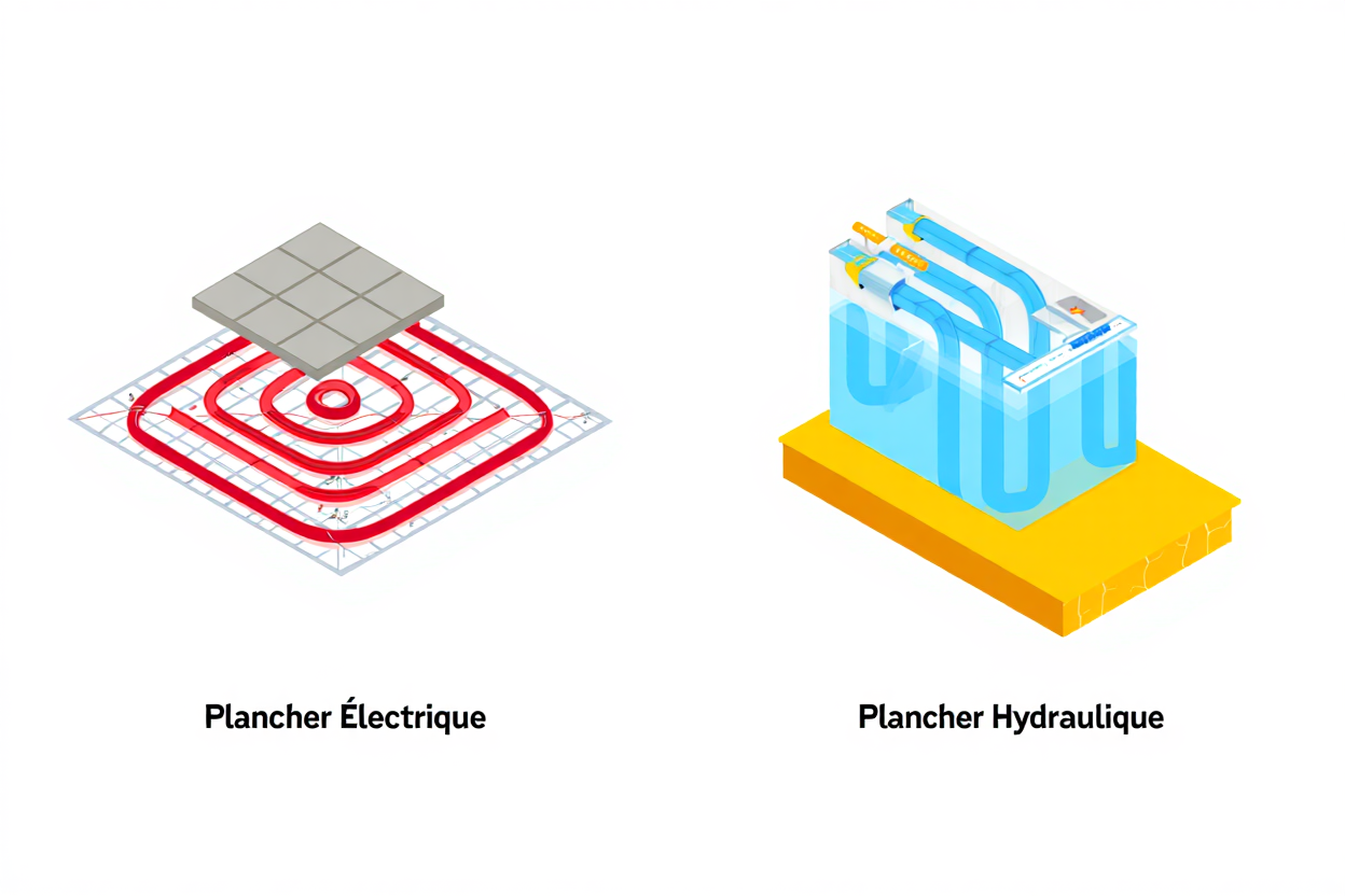 Comparaison schématique plancher électrique vs hydraulique