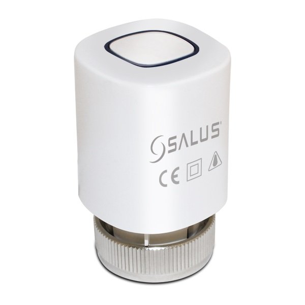 Capsule blanche avec le logo Salus, pièce raccordable, utilisée dans les systèmes de chauffage hydraulique au sol.