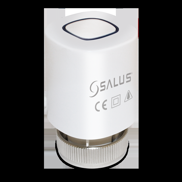 Capteur thermostatique blanc posé sur le sol, avec logo Salus sur le corps cylindrique.