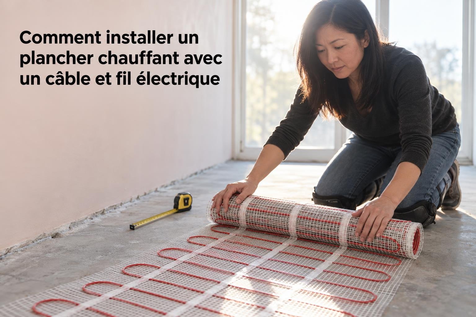 Comment installer un plancher chauffant avec un câble et fil électrique: une femme déroule et dispose le produit chauffant sur le sol avant la pose du revêtement.