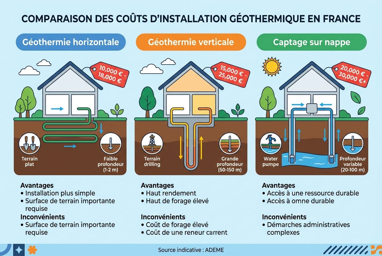Comparaison des coûts d’installation géothermique en France: géothermie horizontale, verticale et captage sur nappe avec maisons, tubes et puits.