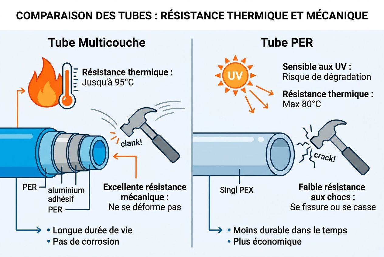 Comparaison des tubes : durabilité et résistance, avec per multicouche et tube PER illustrés.