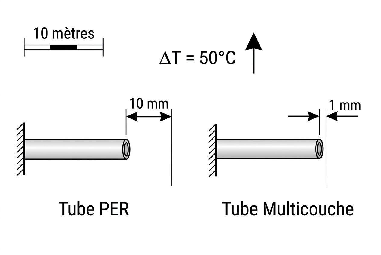 Comparatif visuel des raccords PER et multicouche: barre de 10 mètres, ΔT = 50°C; pipe PER et tube multicouche montrant l’écart de 10 mm et 1 mm respectivement. Durée de vie per multicouche à évaluer selon installation.