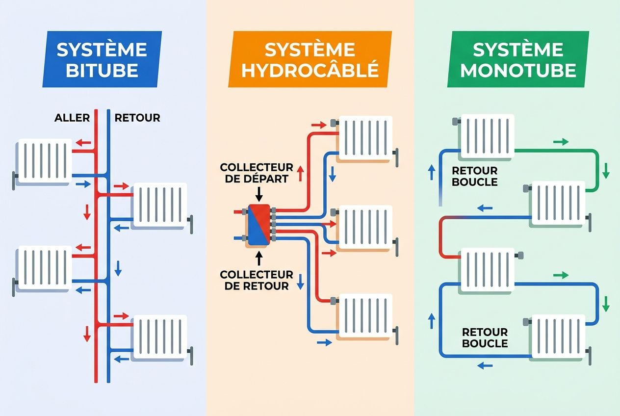 Diagramme explicatif des systèmes de chauffage: alimentation et retour des radiateurs, avec circuits pour systèmes bitube, hydrocablé et monobloc, montrant les tuyauteries et deres différents flux. Tuyau chauffage central présent.