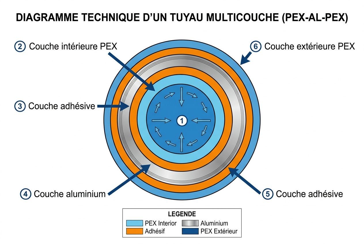 Diagramme technique d’un tuyau multicouche (PEX-AL-PEX) montrant les couches PEX intérieur, adhésive, aluminium et extérieure, avec les indications 2–6. Tuyau chauffage central.