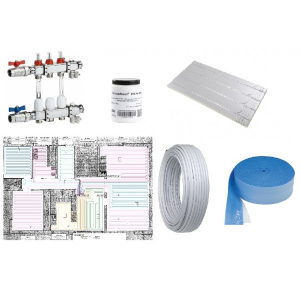 Ensemble de composants et accessoires pour plancher chauffant comprenant raccords, filtre, manchon, plaque et rouleau