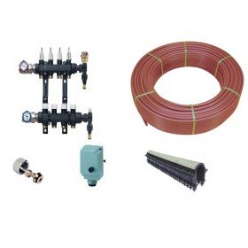 Ensemble de composants pour plancher chauffant comprenant des raccords et vannes, une bobine de durite rouge, et des éléments