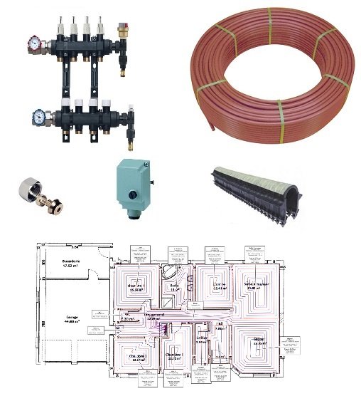 Ensemble d’éléments pour chauffage et isolation: modules de distribution, coil de chauffage, tuyau rouge isolé, raccords,