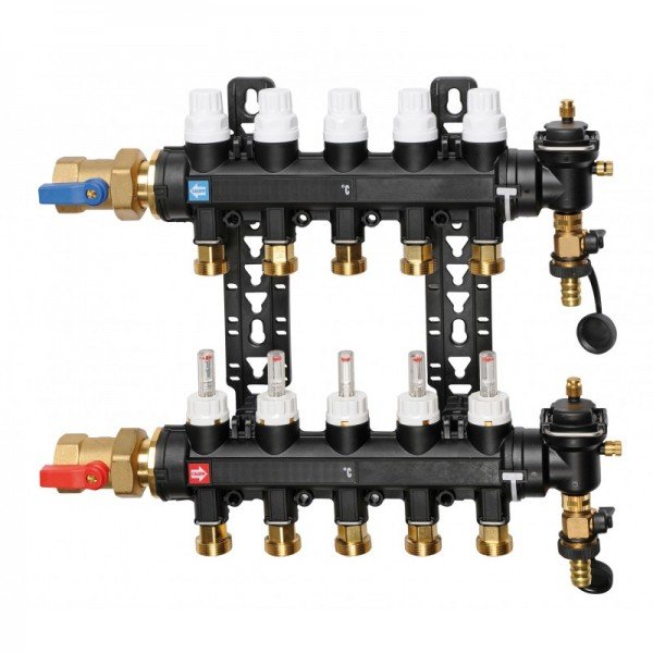 Ensemble de distribution hydraulique pour plancher chauffant, avec deux circuits et vannes thermostatiques, raccords et visuels de manomètres.
