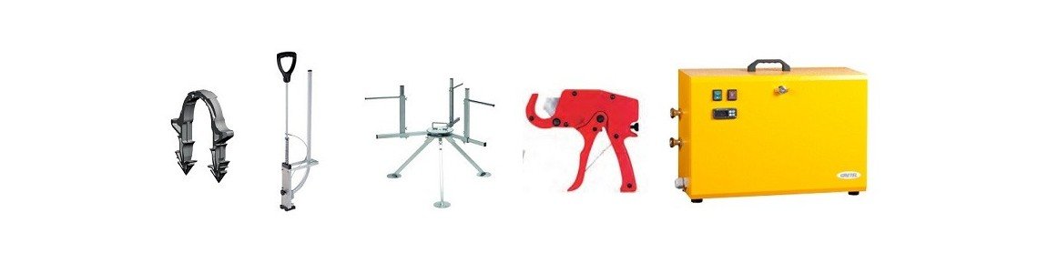 Équipements et outils pour entretien plancher chauffant hydraulique, incluant joints, crics et machine jaune de diagnostic.