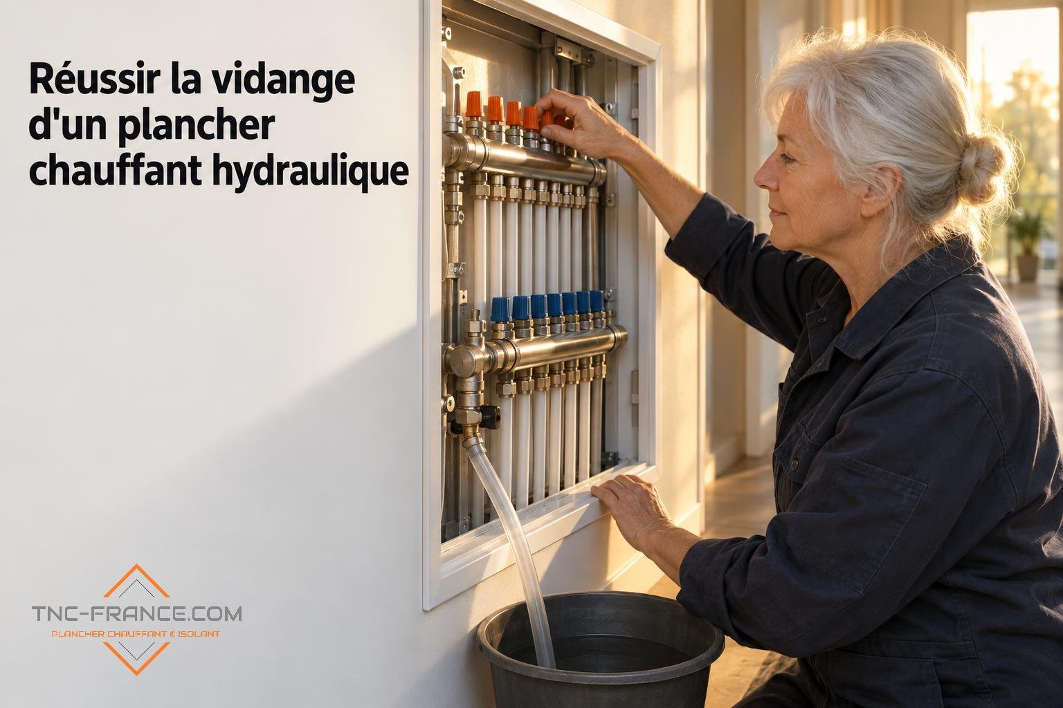 Une femme ajuste des vannes dans un tableau de distribution d’un plancher chauffant hydraulique.