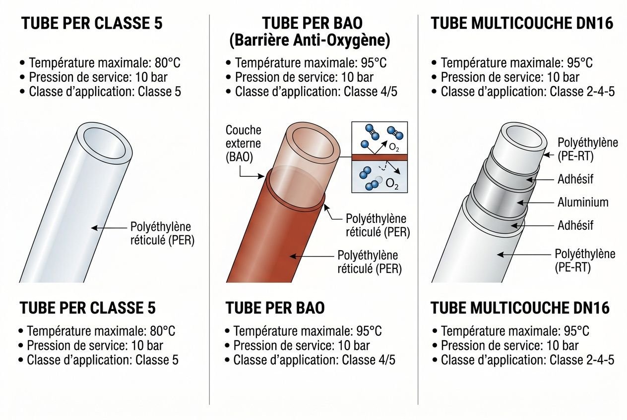 Illustration des différents tubes et matériaux: tube per classe 5, tube per BAO, tube multicouche DN16, avec étiquettes de matière et températures (80–95°C) et pression 10 bar. espacement entre les tuyaux plancher chauffant intégré? (aucun texte sur l’espacement)