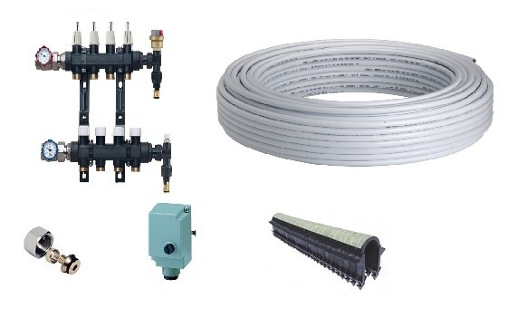 Kit plancher chauffant hydraulique 100m2: manifold, tube PER et accessoires inclus sur l’image.
