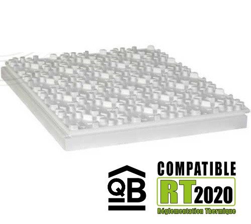 Plaque de tapis chauffant électrique avec motifs en treillis et logos “compatible RT2020”.
