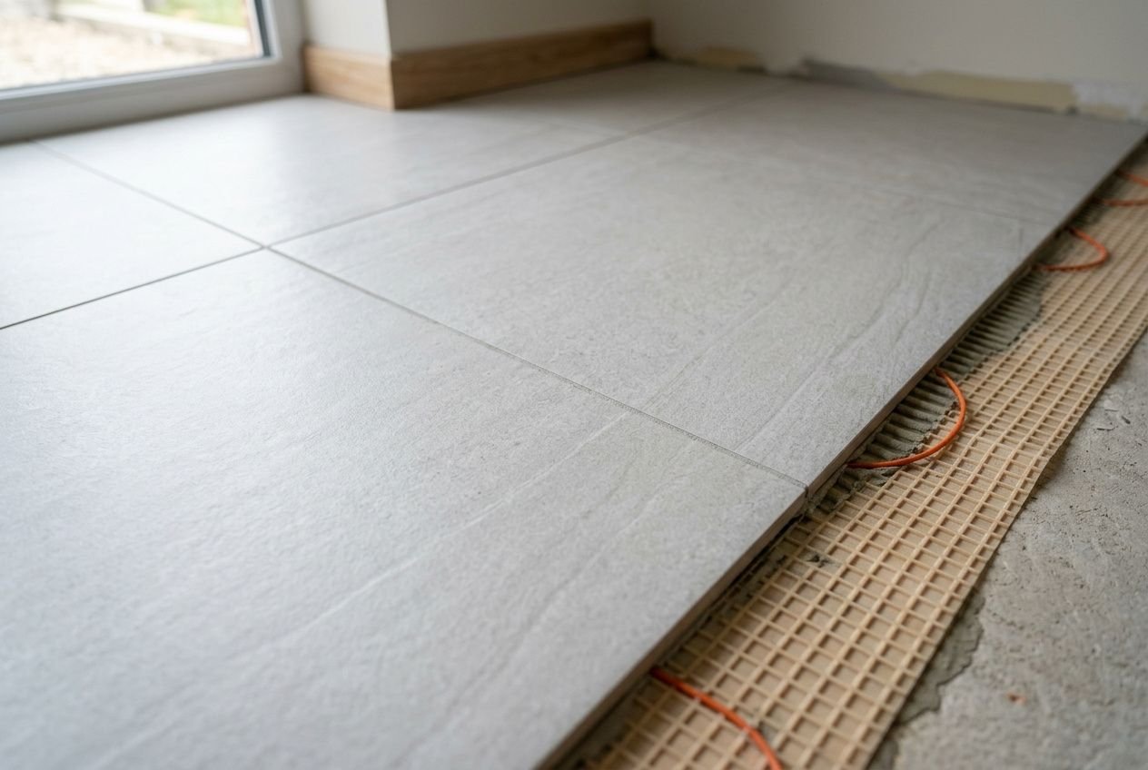 Pose de carrelage ou d’isolant sur un plancher chauffant, montrant des dalles grises posées au sol. Meilleur revêtement plancher chauffant visible dans l’installation en cours.