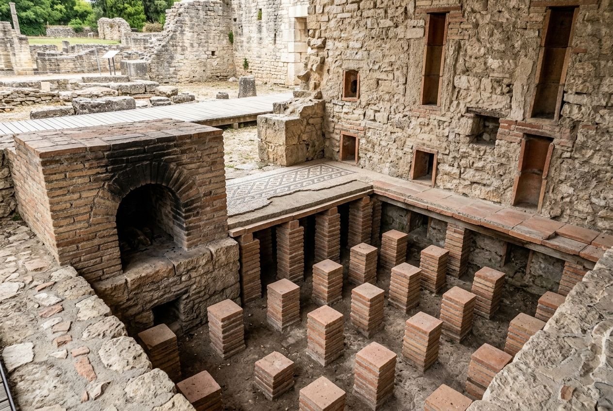 Reste d’un hypocauste romain avec cheminées et tuyaux sous un étage, briques recouvrant des conduits chauffants en compartiments, site antique. Différence hypocaustum plancher chauffant évoquée.