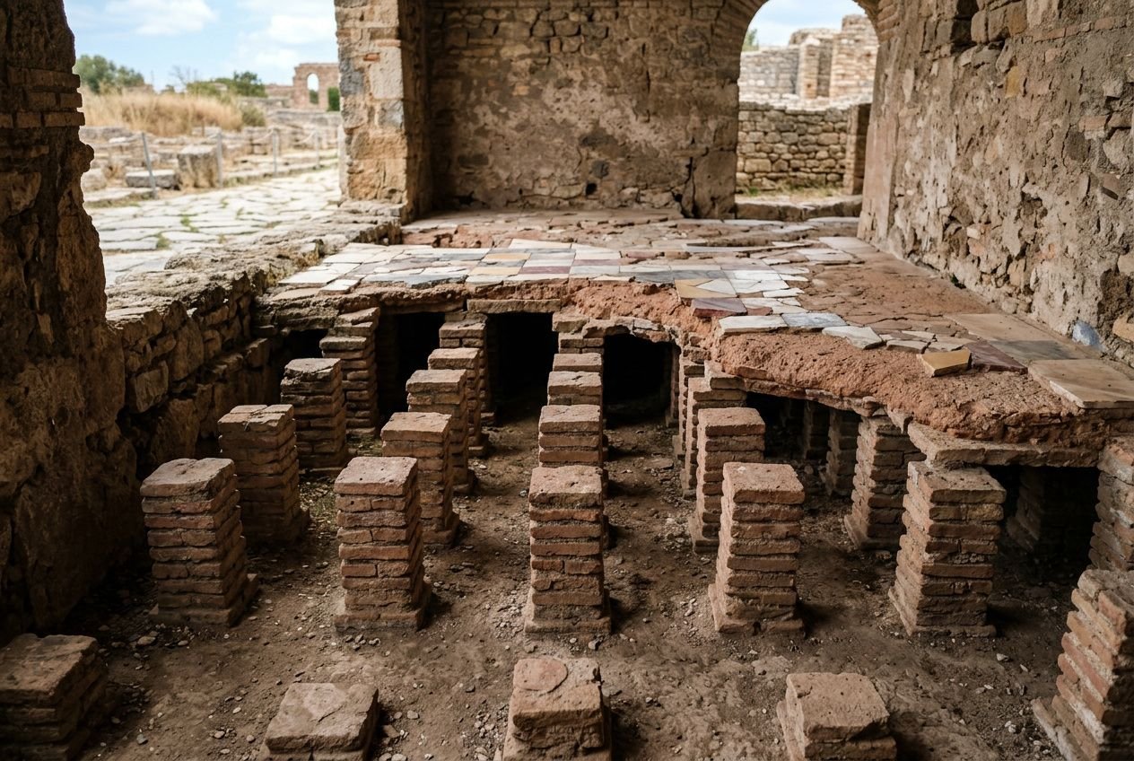 Ruines antiques montrant les briques et les conduits d’un hypocauste en construction, avec des piliers de briques et des canalisations visibles sous le pavement. hypocauste fonctionnement.