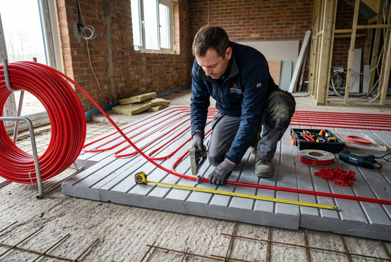 Scénette de pose d’un plancher chauffant : ouvrier mesurant et posant un tube rouge dans une dalle avec calepinage et outils. longueur tube plancher chauffant cibles.