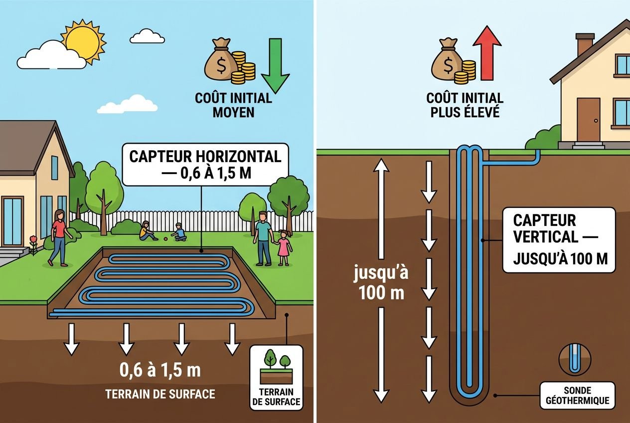 Schéma comparant géothermie: côté gauche, capteur horizontal en surface avec coût initial moyen et trajet des tuyaux; côté droit, capteur vertical en profondeur jusqu’à 100 m et coût initial plus élevé. Itinéraire des flux d’eau et symbole “terrain de surface”. Avantages et inconvénients de la géothermie.