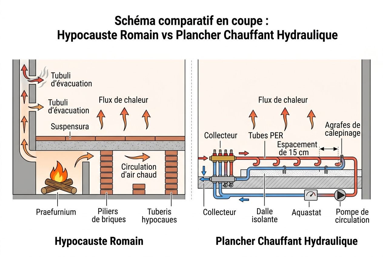 Schéma comparatif: hypocauste romain et plancher chauffant hydraulique, montrant système de chauffage par le sol et circulation d’air chaud.