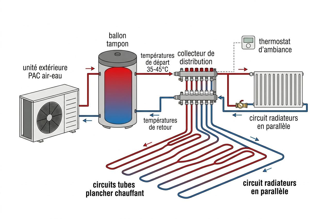 Schéma d’installation montrant une PAC air-eau alimentant un ballon tampon et un réseau de radiateurs en parallèle, avec ventilation et thermostat. (meilleur système de chauffage pour une rénovation)