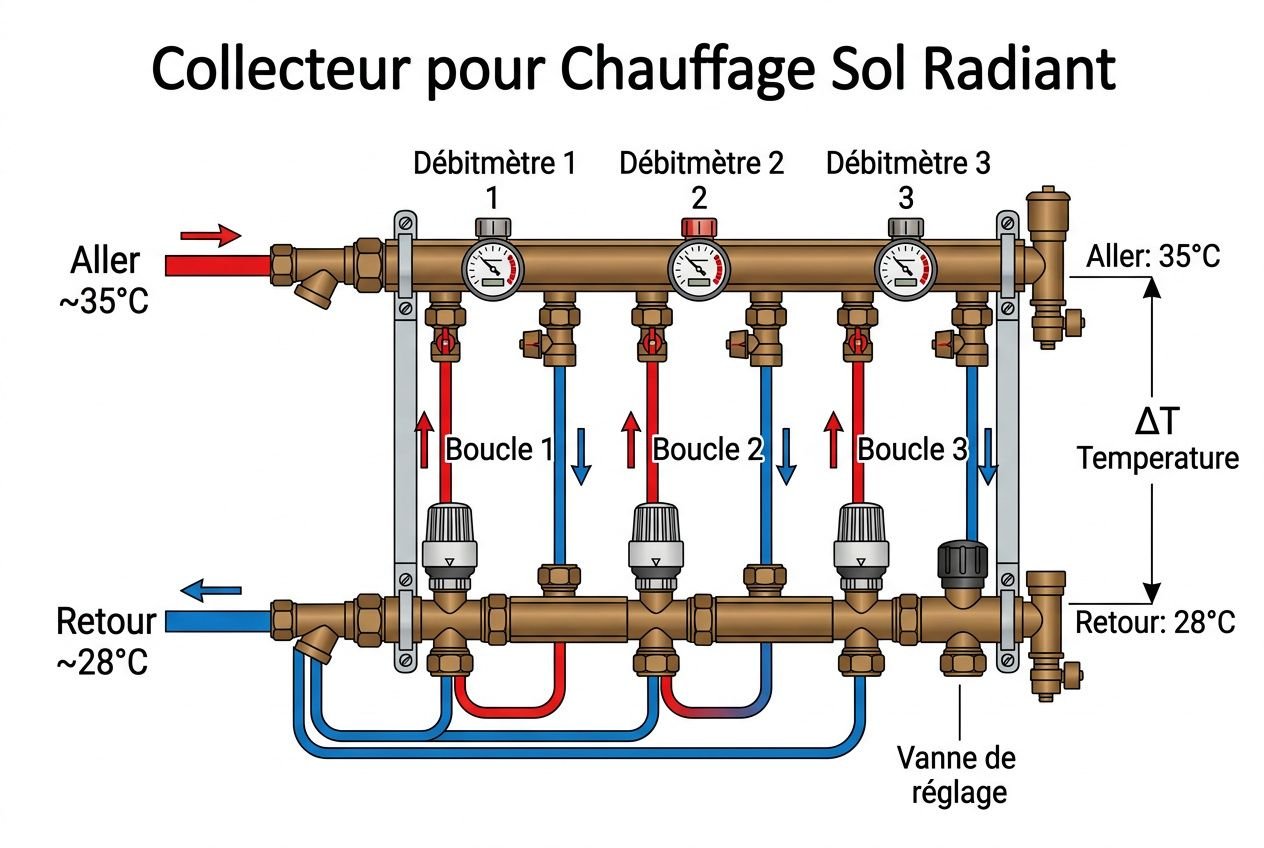 Schéma d’un collecteur pour chauffage sol radiant montrant l’arrivée d’eau chaude, les débits en Débitmètre 1 à 3, les boucles et les vannes, avec le retour et le réglage de vanne. pourquoi plancher chauffant trop chaud intégré naturellement.