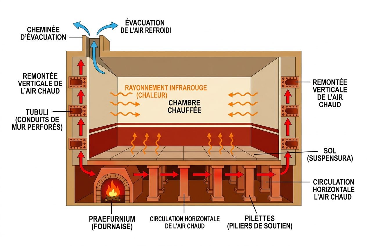 Schéma d’un hypocauste romain montrant le fonctionnement: chaudière/praefurnium, canalisations et pilierage pour chauffer le sol et la chambre par rayonnement et circulation d’air chaud.