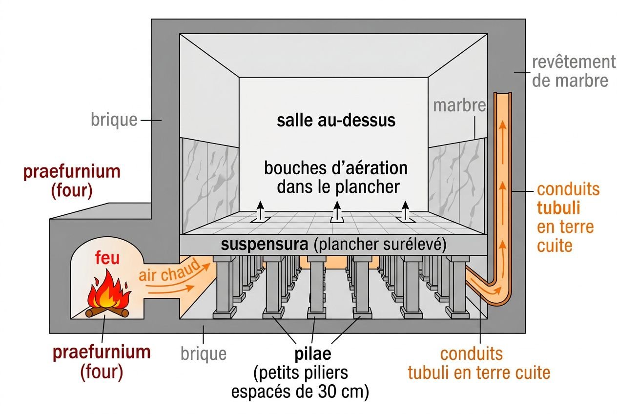 Schéma d’un hypocaustum chauffage sol ancien: système de briques et piliers qui soutiennent le plancher surélevé, conduits et flèches indiquant l’air chaud et les ducts en terre cuite, avec le feu et les conduits tubulaires chauffant le sol antique.