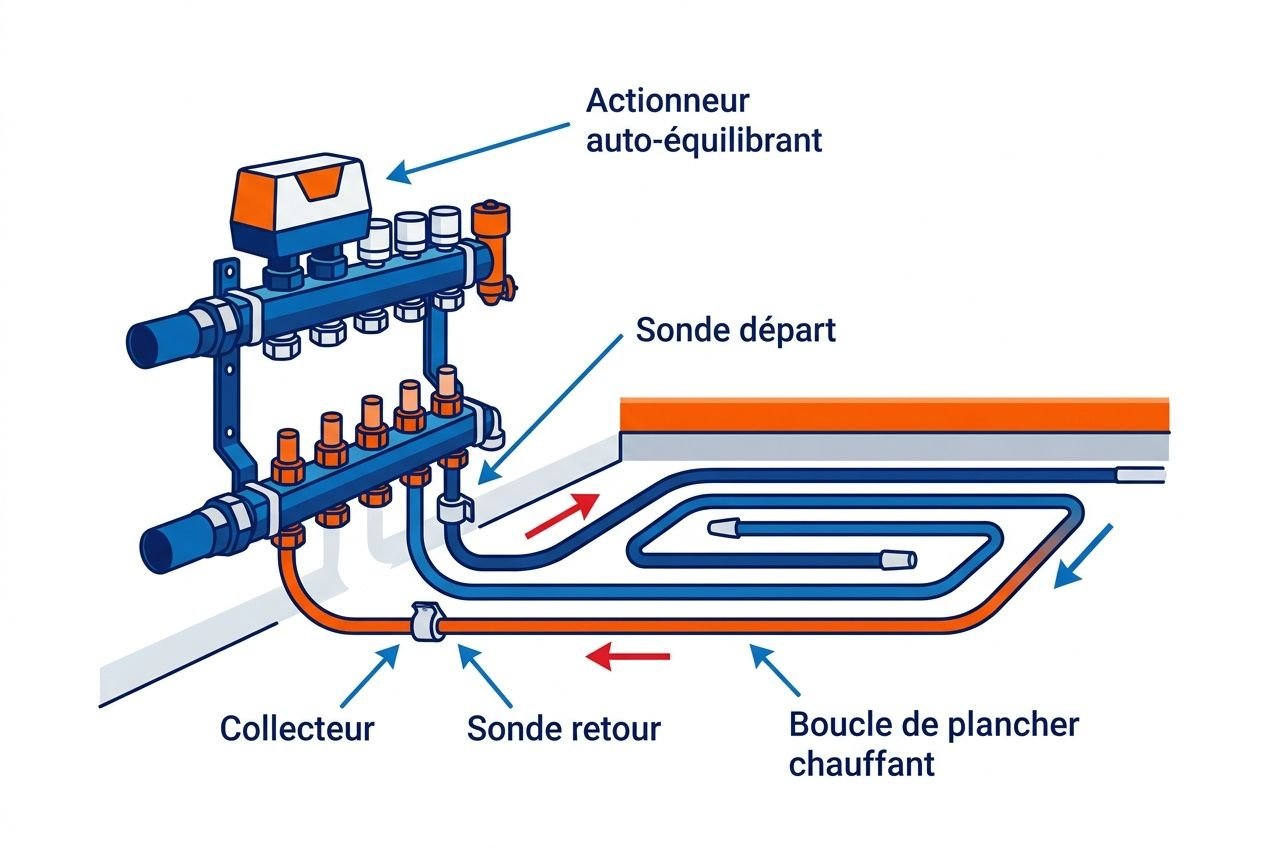 Schéma d’un réglage plancher chauffant sans débitmètre : collecteur, sondes, boucle de plancher et actionneur auto-équilibrant.