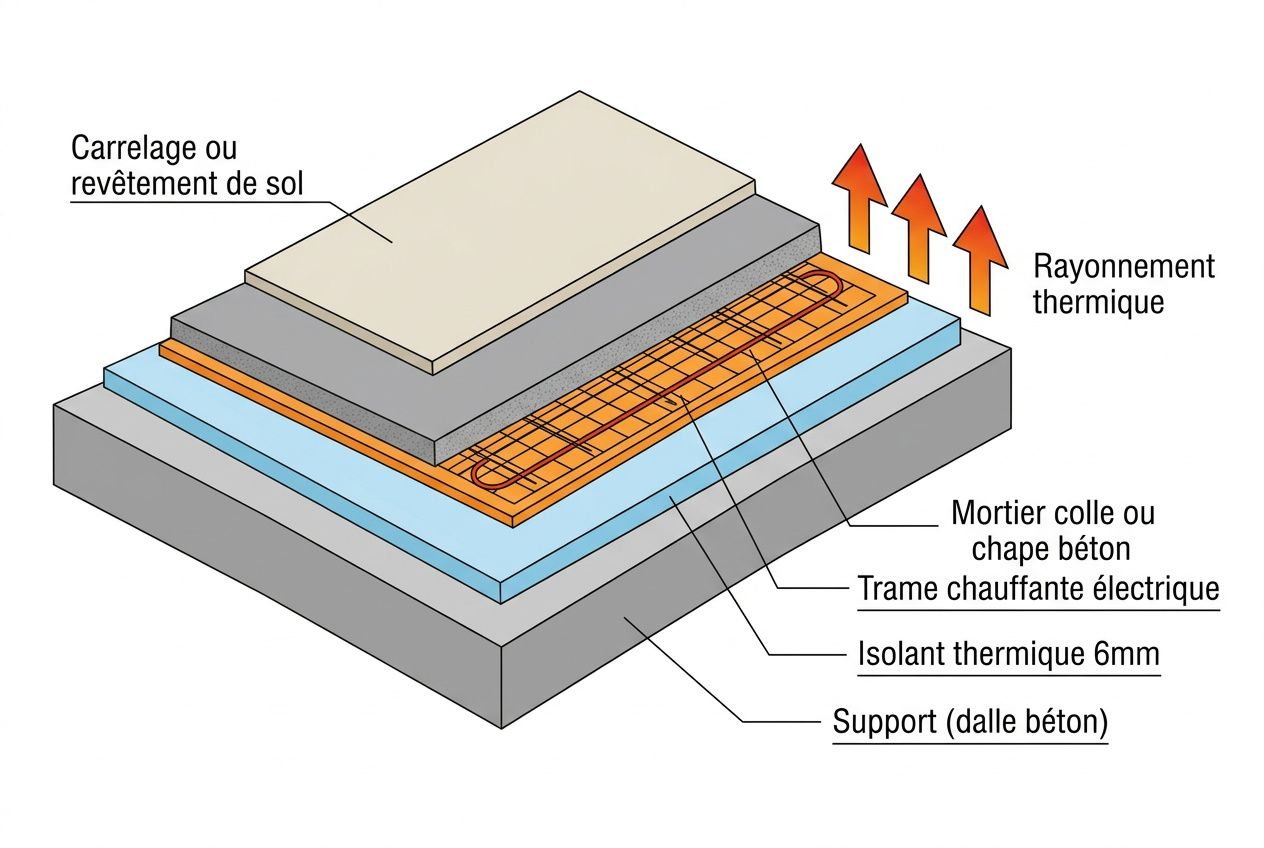 Schéma plancher chauffant électrique montrant le tracé des conducteurs dans le tapis chauffant, couches: support, isolant, treillis et mortier, avec encadrement et revêtement final.