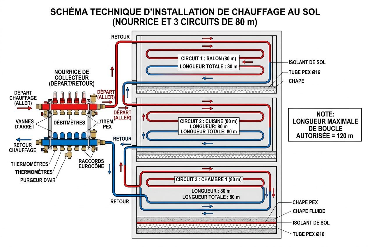 Schéma technique d’installation de chauffage au sol montrant trois circuits de 80 m chacun, avec dérivations et boucle maximale de 120 m, composants et parcours du tube PEX Ø16 dans un isolant. Longueur tube plancher chauffant utile.