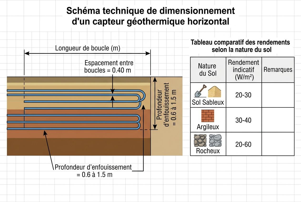 Schéma technique montrant un capteur géothermique horizontal: boucles enterrées sous une dalle, profondeur d’enfouissement 0,6 à 1,5 m, espacement 0,4 m, longueur de boucle et rendement indicatif selon type de sol. Tablier comparatif des rendements par nature du sol (sol sableux, argileux, rocheux). Incorporer la notion de “comment choisir capteurs géothermiques” dans le contexte.