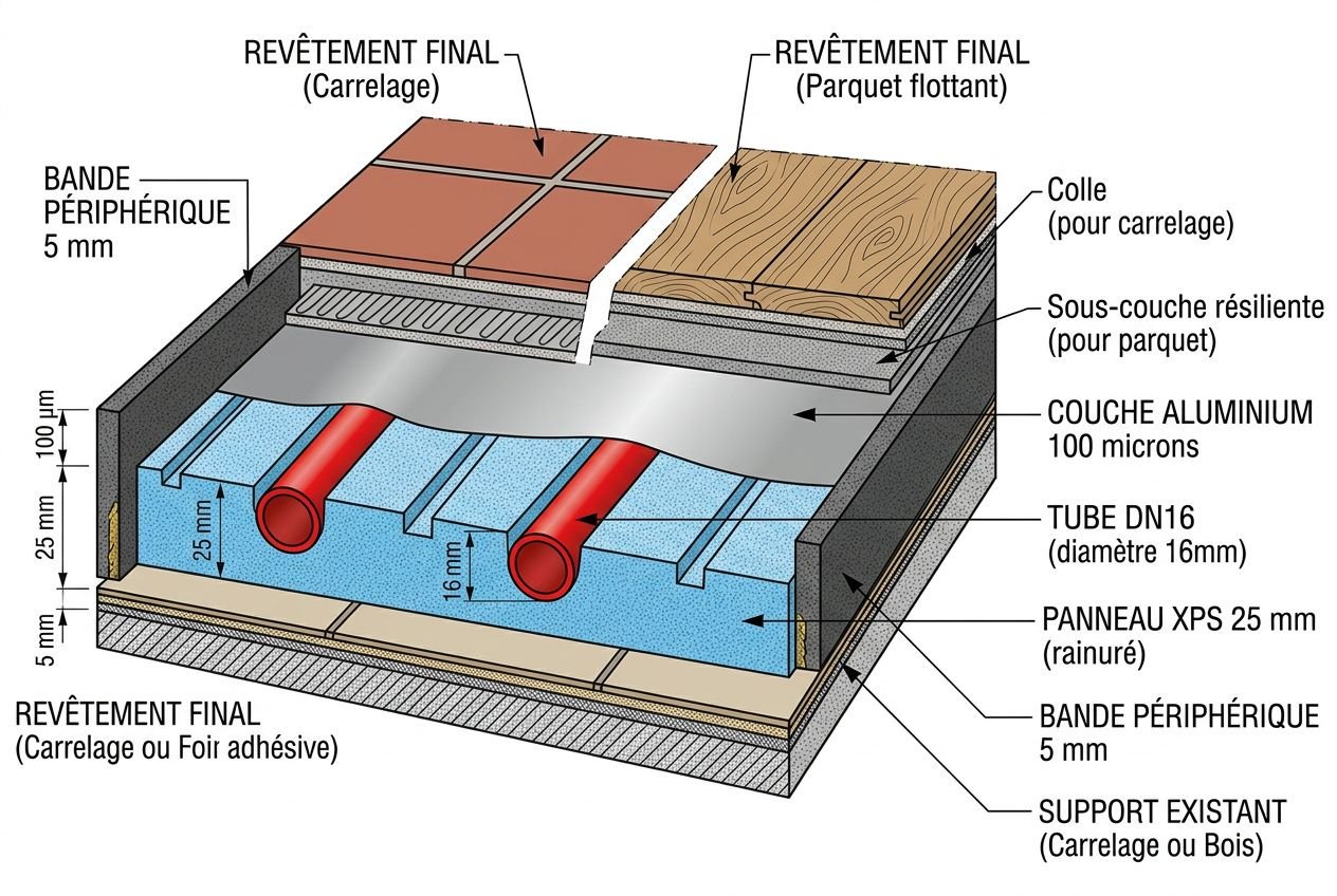 Schéma technique montrant un plancher chauffant intégré à une maison ancienne avec tuyaux et couches: sous-couche résistante, panneau XPS 25 mm, tube DN16, capteurs et revêtement final carrelage ou parquet. Planigrid et bande périphérique. Plancher chauffant maison ancienne.