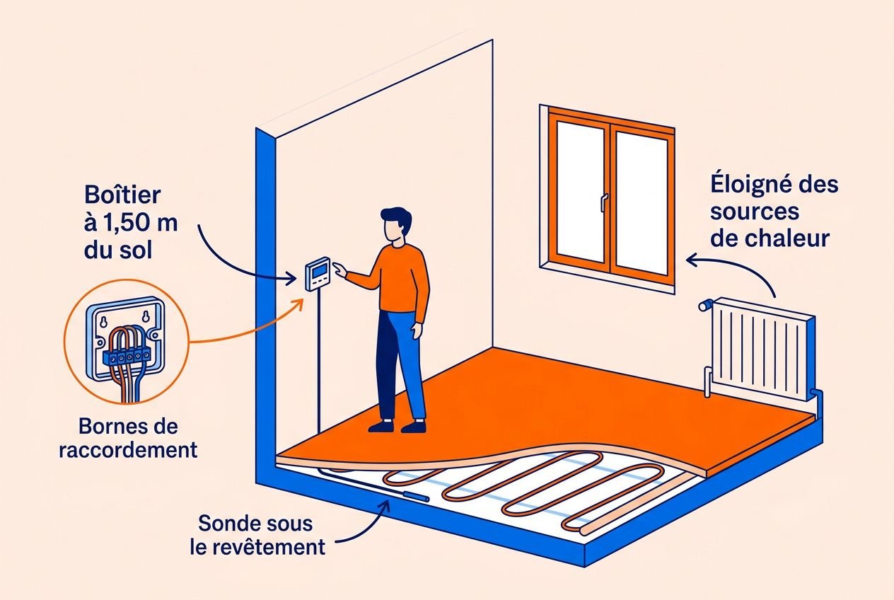 Système de régulation plancher chauffant électrique : homme près d’un boîtier mural, sonde sous le revêtement et câble chauffant au sol, radiateur et fenêtre à l’arrière.