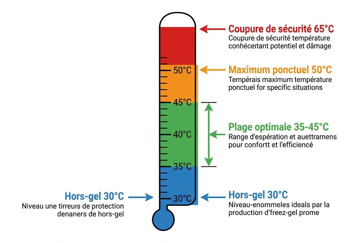 Thermomètre indiquant les fourchettes de température du plancher chauffant, avec 30–35–40–45°C et plage idéale 35–45°C, sécurité 50–65°C et hors-gel 30°C. Exemple: température maximum plancher chauffant.