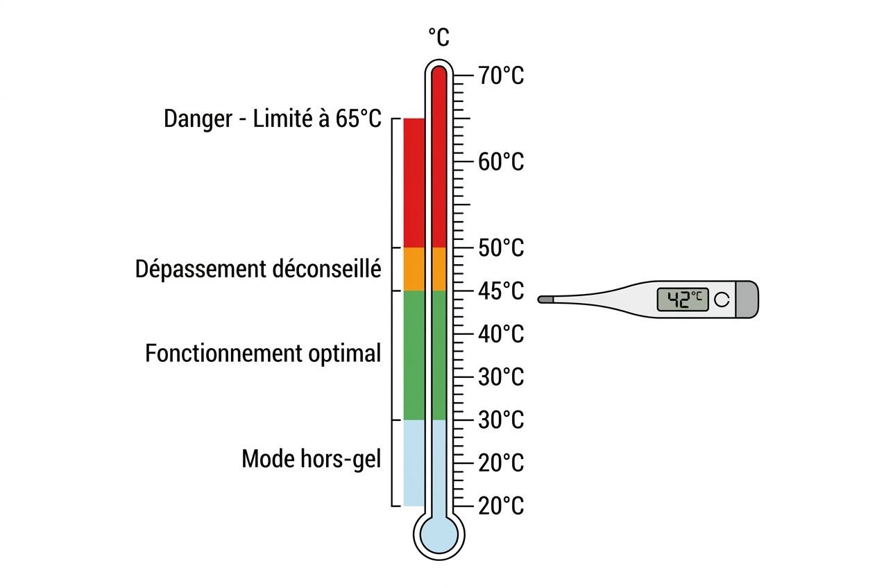 Thermomètre indiquant les niveaux pour plancher chauffant hydraulique: sécurité à 65°C, température idéale autour de 40–45°C, et affichage numérique montrant 42°C.