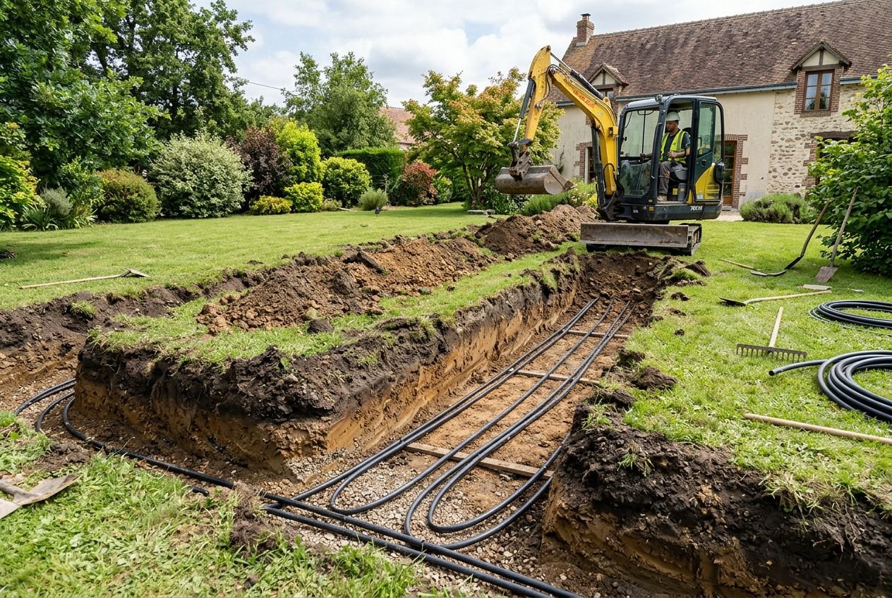 Tranchée dans le jardin avec tubes geothermie posés, excavatrice au travail, raccordements et câbles autour pour le chauffage solaire géothermique.