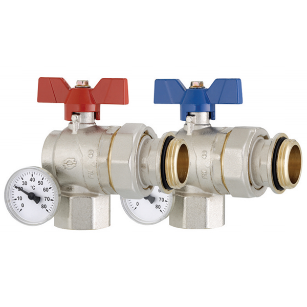 Vanne thermostatique avec mano mètres et raccords, rouge et bleu pour régulation plancher chauffant hydraulique pièce par pièce.